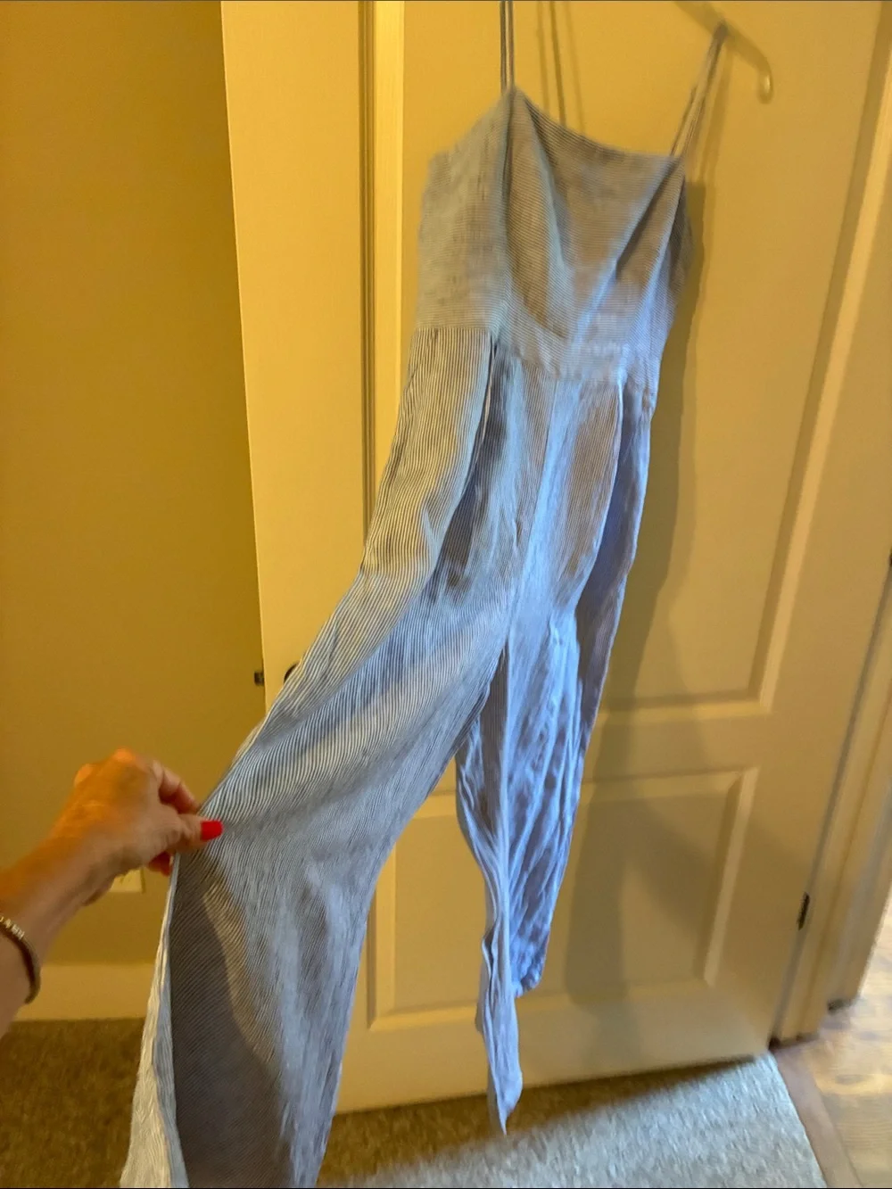 J. Crew Light Blue Pinstripe Spaghetti-Strap Jumpsuit  100% linen